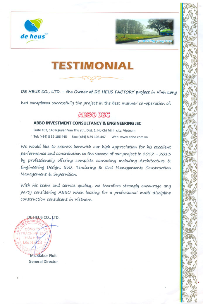 De Heus Co.,Ltd - testimonial